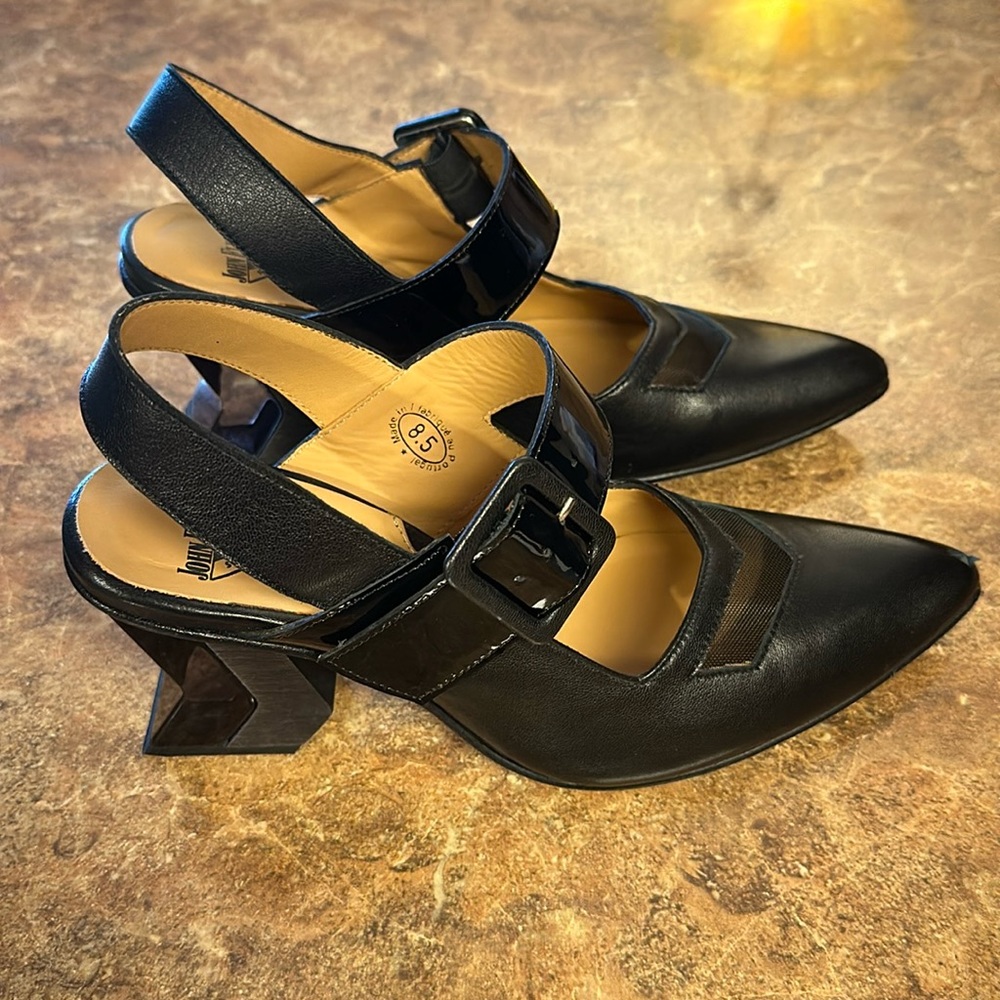 Fluevog Bolt - Black with geometric slingback heel